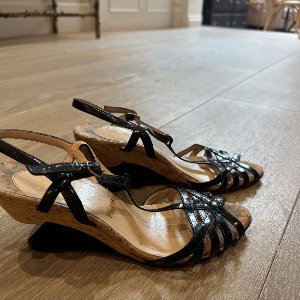 Christian Louboutin Black Patent Cork Wedge Heels – Size 38 (US 8)